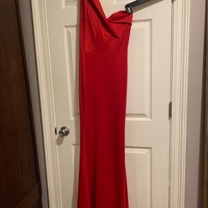 Red one shoulder long maxi Mardi Gras gown